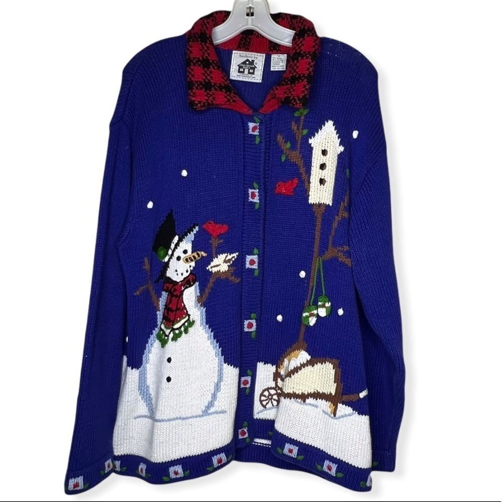 Vintage Storybook Knits Christmas Snowman Cardigan Sweater